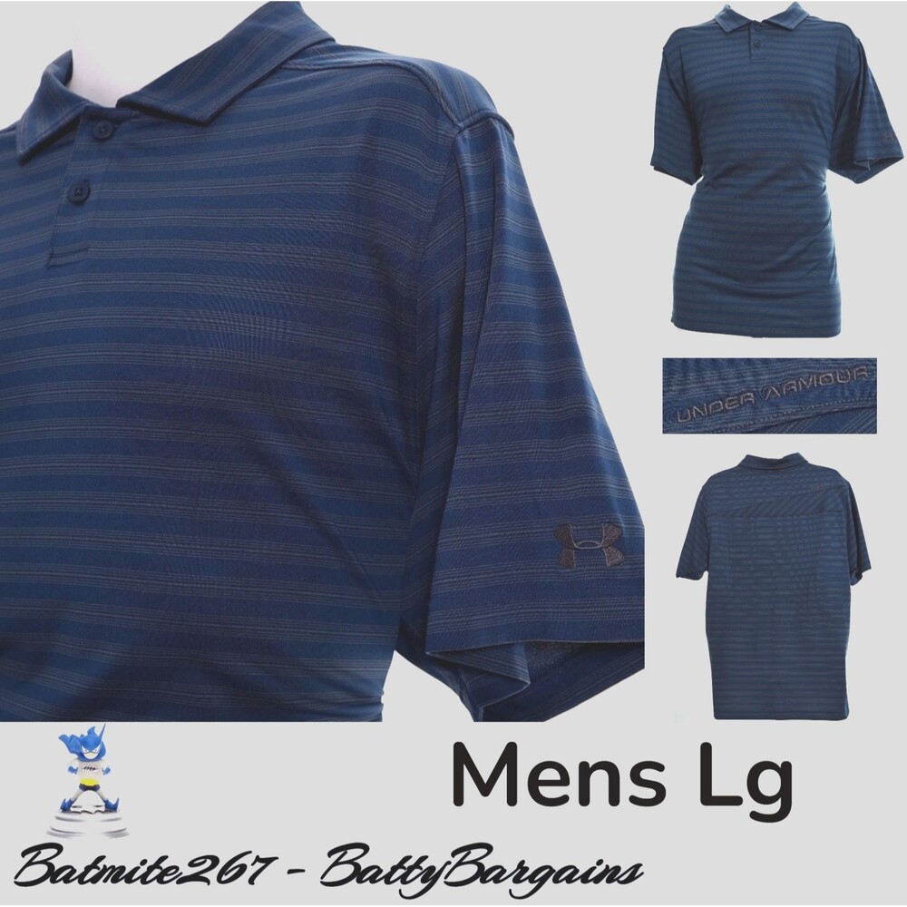 UNDER Armour Men's L Polo Shirt Heat Gear UA Golf S/S Blue Stripe FREE SHIP